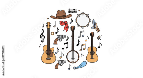 Country music instruments western cowboy hat guitar banjo tambourine revolver cowboy culture