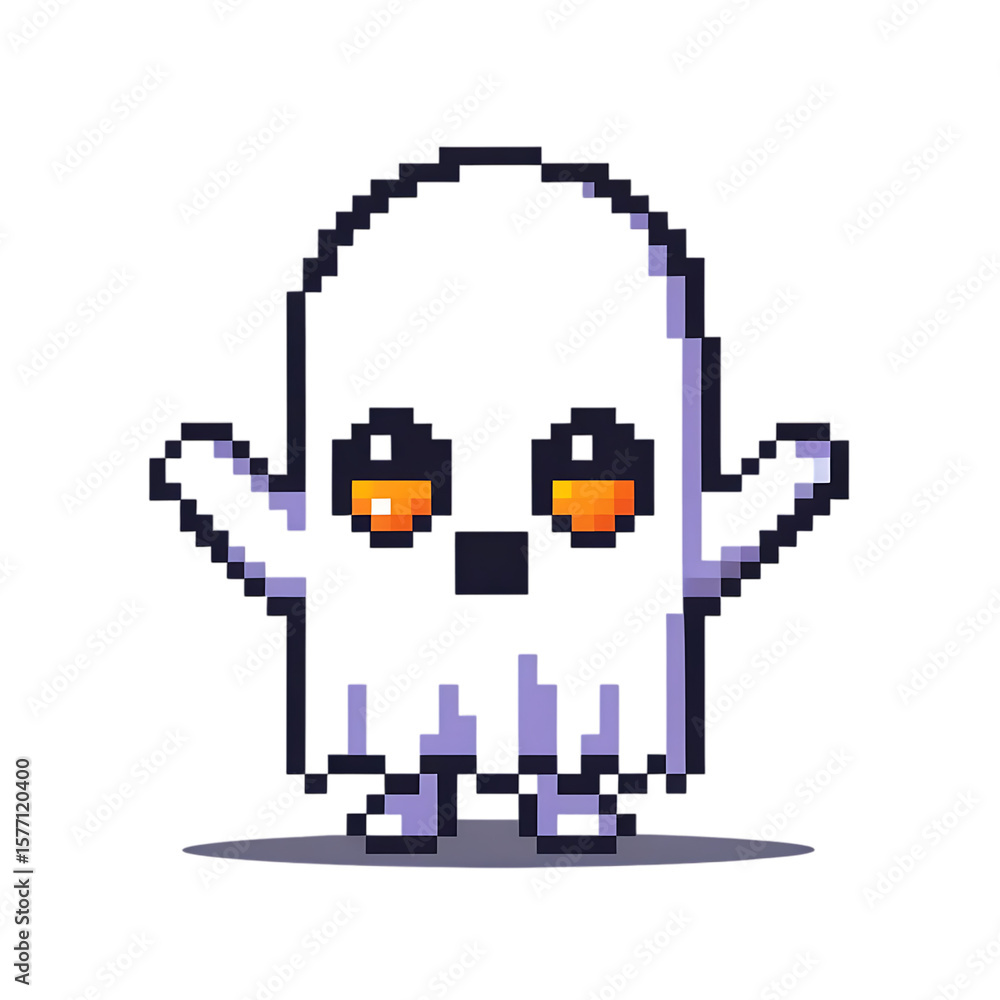 Obraz premium Retro Pixel Art Ghost with Glowing Eyes on Black Background for Halloween or Gaming Themes