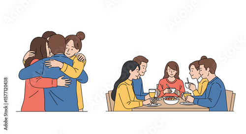 A group of friends sharing hugs and enjoying a meal together
