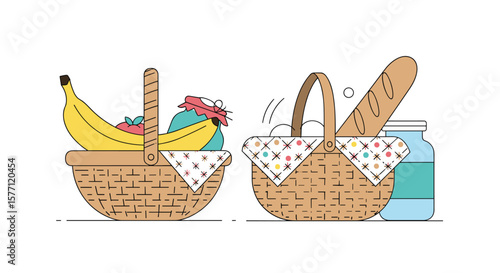 Two wicker picnic baskets filled with fresh foods and a jar of preserves