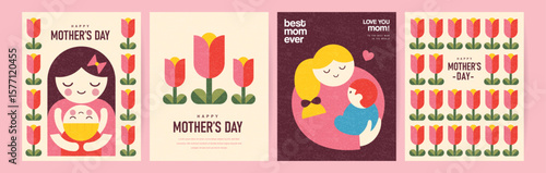 Set of Happy Mother's Day flat vector illustration in geometry style. Mom with child, flowers and abstract geometric shapes.
