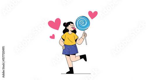 Young girl enjoying a delicious blue swirl lollipop surrounded by hearts