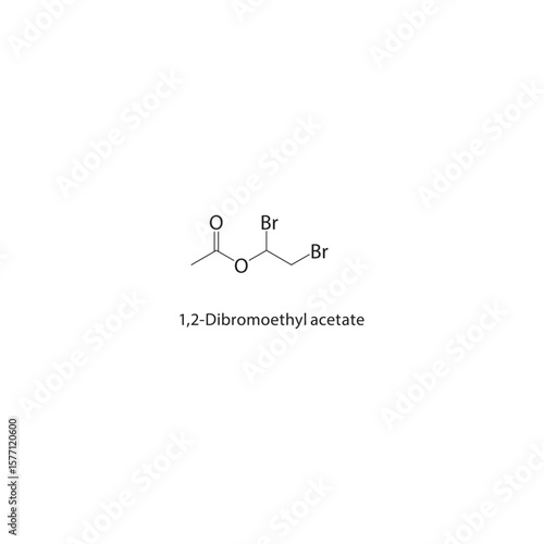 1,2-Dibromoethyl acetate skeletal structure. Halogenated ester compound schematic illustration. Simple diagram, chemical formula.