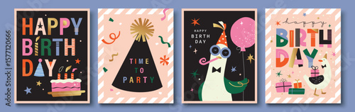 Set of Birthday greeting card with cute cartoon character animals, presents and colorful confetti.
