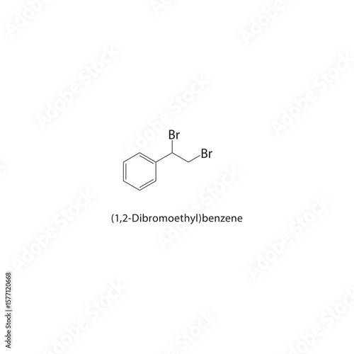 (1,2-Dibromoethyl)benzene skeletal structure. Halogenated aromatic compound schematic illustration. Simple diagram, chemical formula.