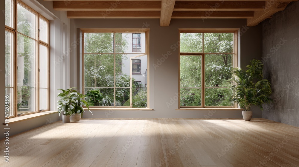 Fototapeta premium Spacious room with hardwood floors large windows showing lush greenery and potted plants