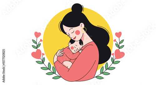 Warm embrace of mother and child in gentle springtime floral garland