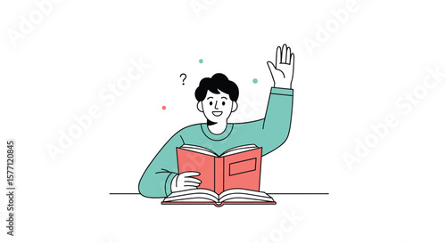 Student raises hand eager to answer question while reading a book