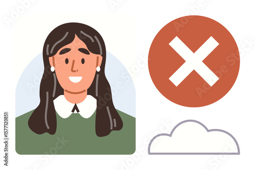 Smiling woman next to red cross sign and outlined cloud suggesting error, rejection, or failed attempt. Ideal for communication, failure, warning, alert, selection, technology decision-making