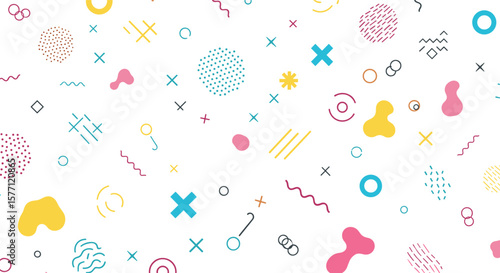 Whimsical abstract shapes pattern with playful doodle elements on white background
