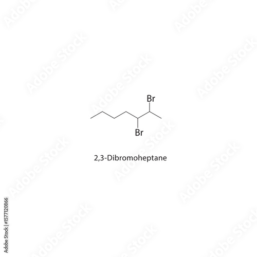 2,3-Dibromoheptane skeletal structure. Halogenated alkane compound schematic illustration. Simple diagram, chemical formula.