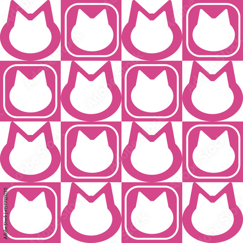 Repeating geometric pattern of white cat head shapes in pink squares creates a fun and playful design.