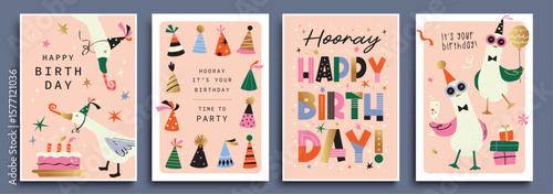 Set of Birthday greeting card with cute cartoon character animals, presents and colorful confetti.
