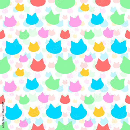 Repeated pattern of colorful cat head silhouettes creates a fun and whical background illustration style.
