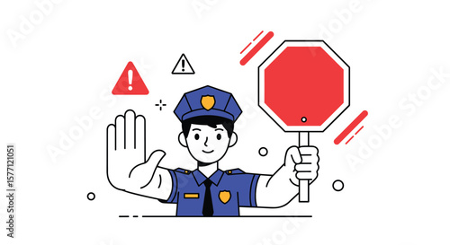 Police officer directing traffic with stop sign and warning symbols indicating danger and caution