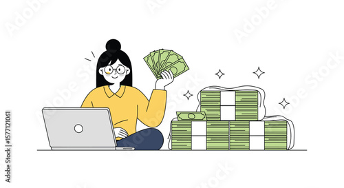 Young woman happy with money gains from online business venture and financial success