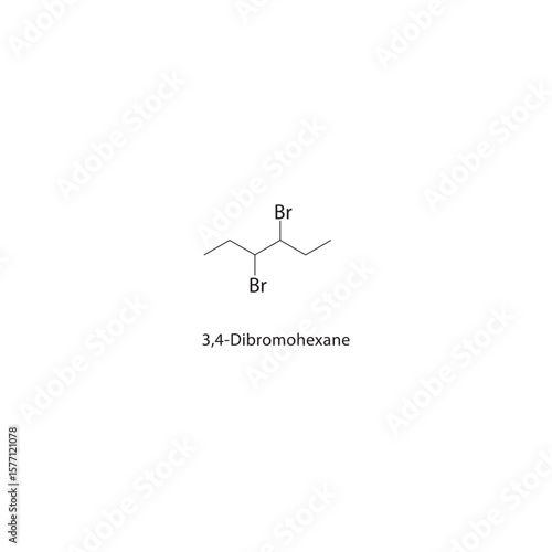 3,4-Dibromohexane skeletal structure. Halogenated alkane compound schematic illustration. Simple diagram, chemical formula.