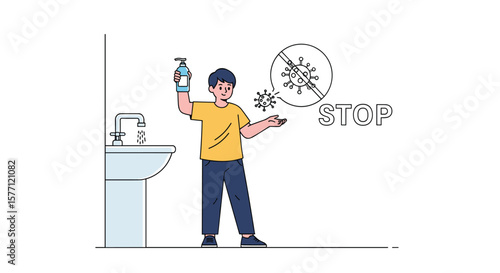 Young man demonstrating proper handwashing techniques to stop germs and bacteria from spreading