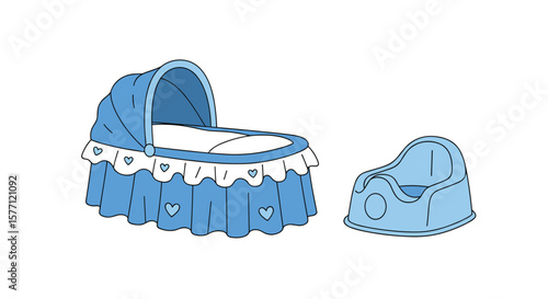 Adorable blue bassinet cradle with matching baby potty training seat