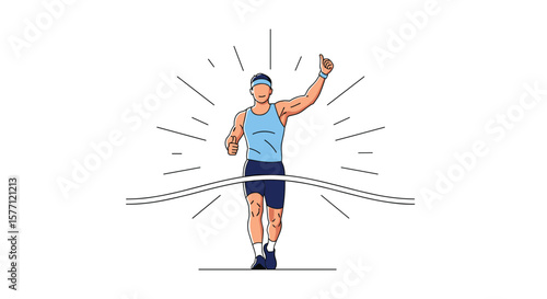 Athletic man reaches finish line victory celebrated with triumphant gesture achieving goal