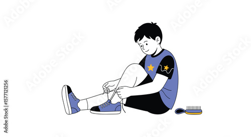 Young boy tying his blue shoelaces on his sneakers sitting down