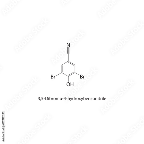 3,5-Dibromo-4-hydroxybenzonitrile skeletal structure. Halogenated nitrile compound schematic illustration. Simple diagram, chemical formula.