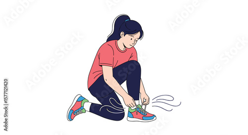 Young woman tying shoelaces on her athletic shoes before morning exercise session