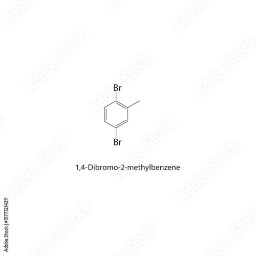 1,4-Dibromo-2-methylbenzene skeletal structure. Halogenated aromatic compound schematic illustration. Simple diagram, chemical formula.
