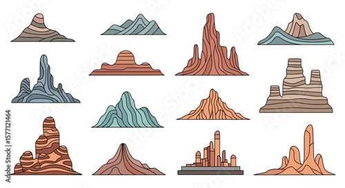 Collection of stylized desert rock formations and sandstone mesas illustration