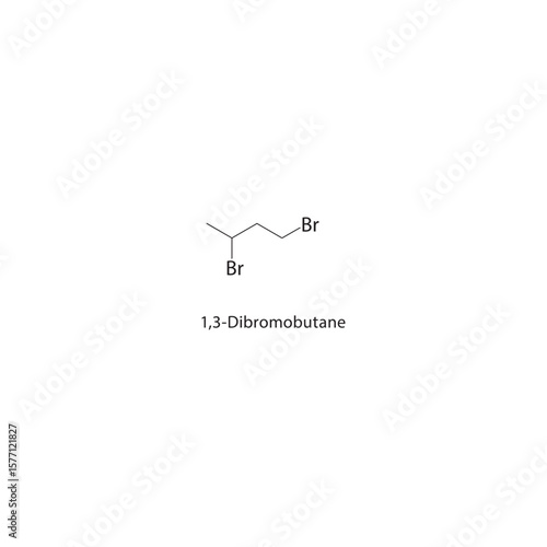 1,3-Dibromobutane skeletal structure. Halogenated alkane compound schematic illustration. Simple diagram, chemical formula.