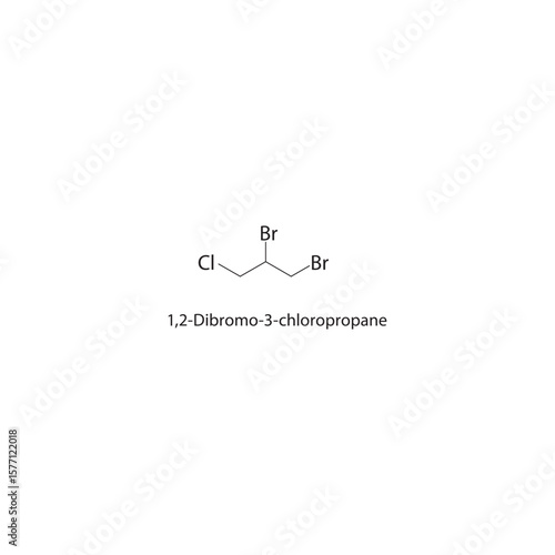 1,2-Dibromo-3-chloropropane skeletal structure. Halogenated propane compound schematic illustration. Simple diagram, chemical formula.