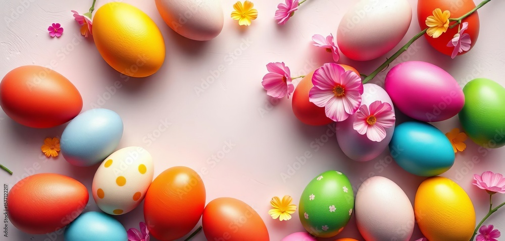 Obraz premium Pastel background adorned with vibrantly colored Easter eggs in a playful arrangement, joyful design, vibrant