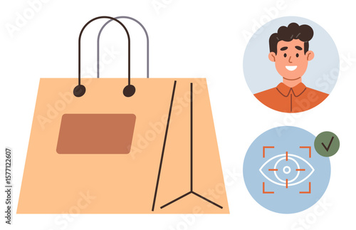 Paper bag with label, smiling customer avatar, and eye recognition icon. Ideal for e-commerce, personalization, innovation, customer experience, online retail branding data security. Simple flat
