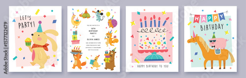 Set of Birthday greeting card with cute cartoon character animals, presents and colorful confetti.
