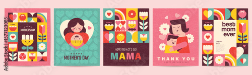 Set of Happy Mother's Day flat vector illustration in geometry style. Mom with child, flowers and abstract geometric shapes.
