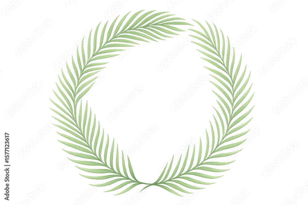 Obraz premium Vibrant tropical palm fronds arching symmetrically, forming organic circular frame against transparent white backdrop