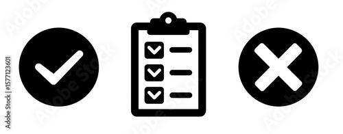 simple vector icons, black check mark and X on clipboard icon set, white background, high-resolution photography.