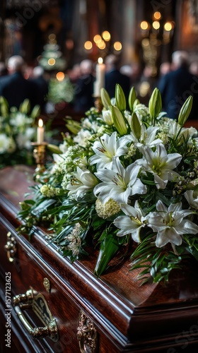 Funeral service with floral arrangements in a solemn church setting during a memorial ceremony