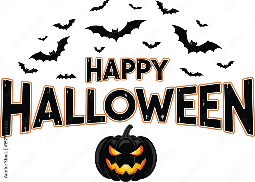 Fototapeta premium Horror Halloween night vector illustration with scary pumpkins, bats, and a spooky moon for an autumn holiday celebration
