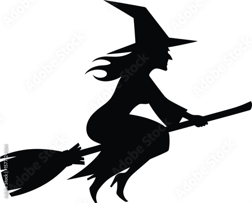 Black witch silhouette flying on a broom with a bird, a magical Halloween vector illustration
