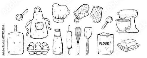 Baking tools hand drawn line art vector illustration. Cutting board, measuring spoon, apron, eggs, milk, hat, butter etc.