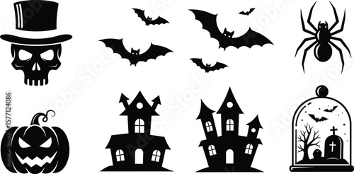 A set of scary black and white Halloween vector illustrations with haunted house, moon, bat, and spooky tree silhouettes
