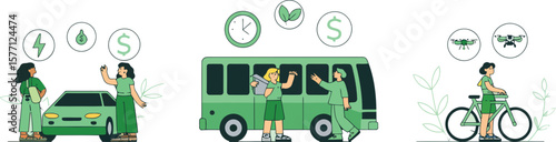 Illustration showing three different transportation methods with people and associated icons above