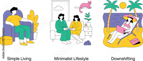 Three panels showing simple living, minimalist lifestyle, and downshifting with illustrations


