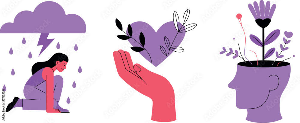 Naklejka premium Illustration depicting mental health concepts with a woman under a rain cloud and growth from within