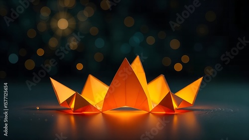 Origami golden orange yellow crown on the floor for festive audition and competition event
