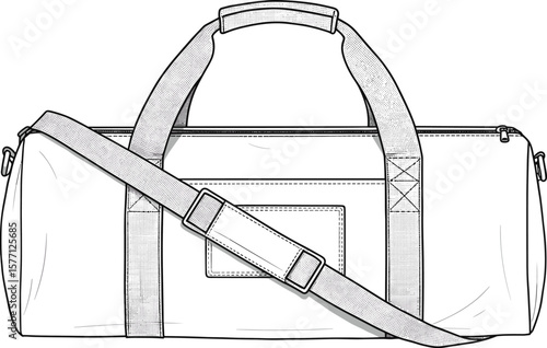 CAD drawing, flat vector illustration, duffel bag, adjustable strap, travel accessory, gym bag, compartments, bag design,