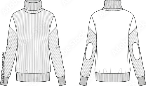 CAD drawing, flat vector illustration, turtleneck sweater, fashion sketch, front view, back view, ribbed texture, elbow patch