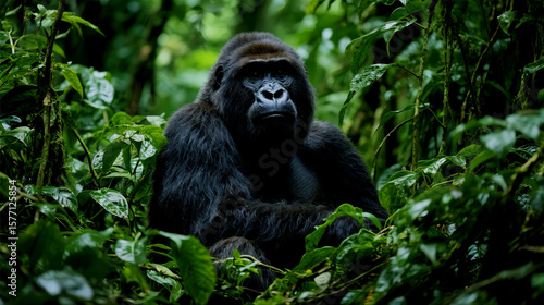 Majestic Silverback Gorilla Residing Amongst Lush Green Mountain Jungle Foliage