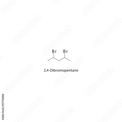 2,4-Dibromopentane skeletal structure. Halogenated alkane compound schematic illustration. Simple diagram, chemical formula.
